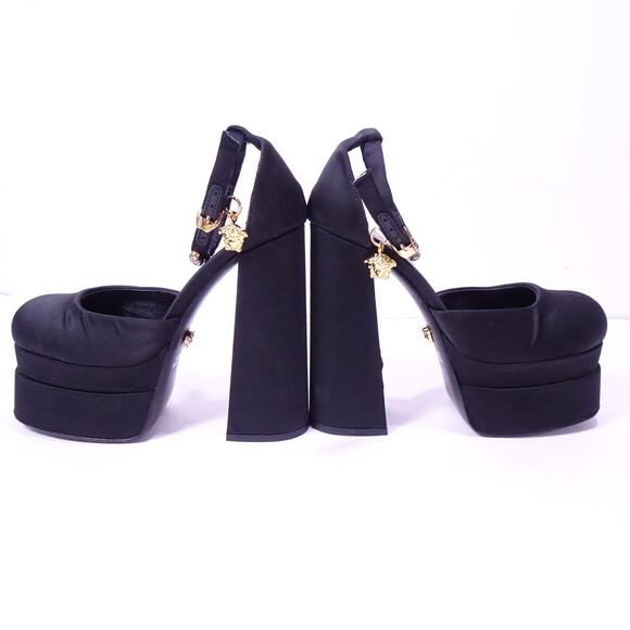 Versace Aevitas Medusa Satin Leather Crystal Charm Double Platform Sandals Sz 37 - Picture 7 of 16